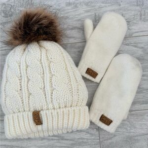 Jan & Jul Kids Cream Knit Hat and Mittens with removable Brown Pom-Pom